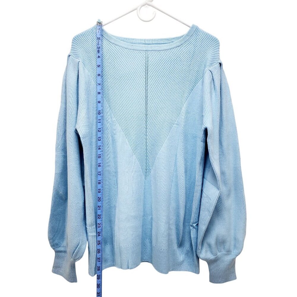Light Blue Knitted Pullover Sweater Womens Size 2XL Ribbed Pattern Puff Sleeves - Picture 4 of 12